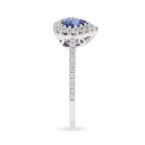 18ct White Gold Heart Shaped Sapphire & Diamond Halo Ring