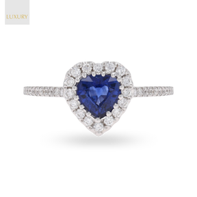 18ct White Gold Heart Shaped Sapphire & Diamond Halo Ring