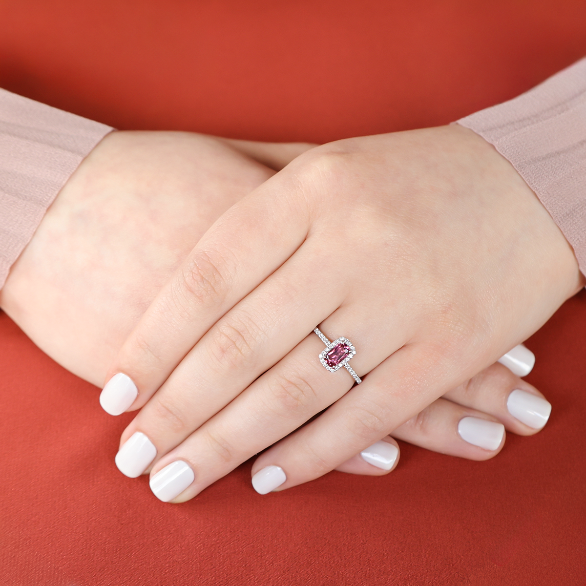 Model wears 18ct White Gold Cushion Cut Pink Tourmaline & Diamond Ring