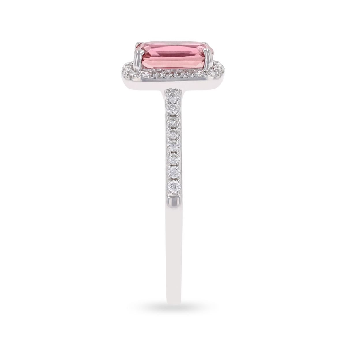 18ct White Gold Cushion Cut Pink Tourmaline & Diamond Ring