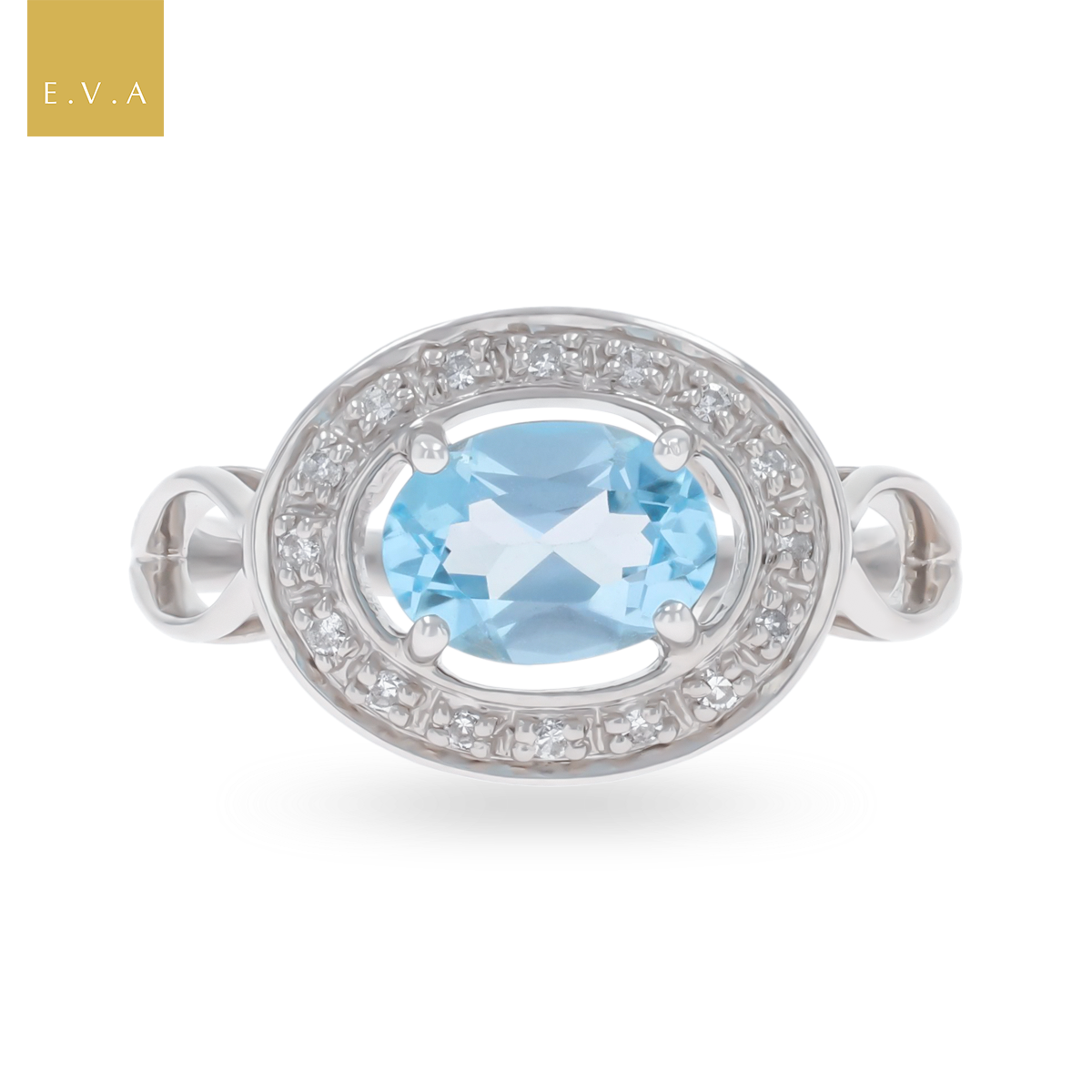9ct White Gold Oval Shaped Blue Topaz & Diamond Halo Ring
