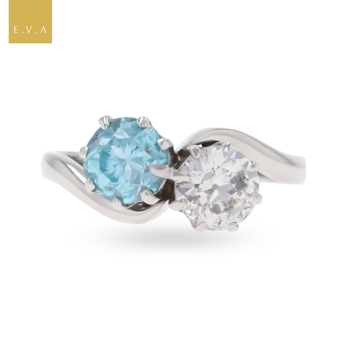 18ct White Gold Blue Zircon & Diamond Toi et Moi Ring