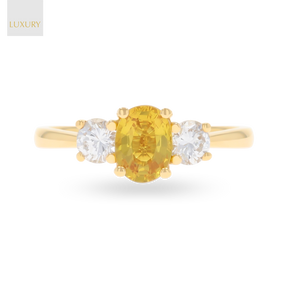 18ct Yellow Gold Oval Shaped Yellow Sapphire & Diamond Trilogy Ring