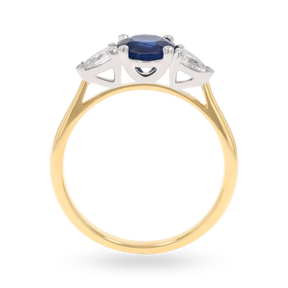 18ct Yellow Gold Round Shaped Blue Sapphire & Diamond Trilogy Ring