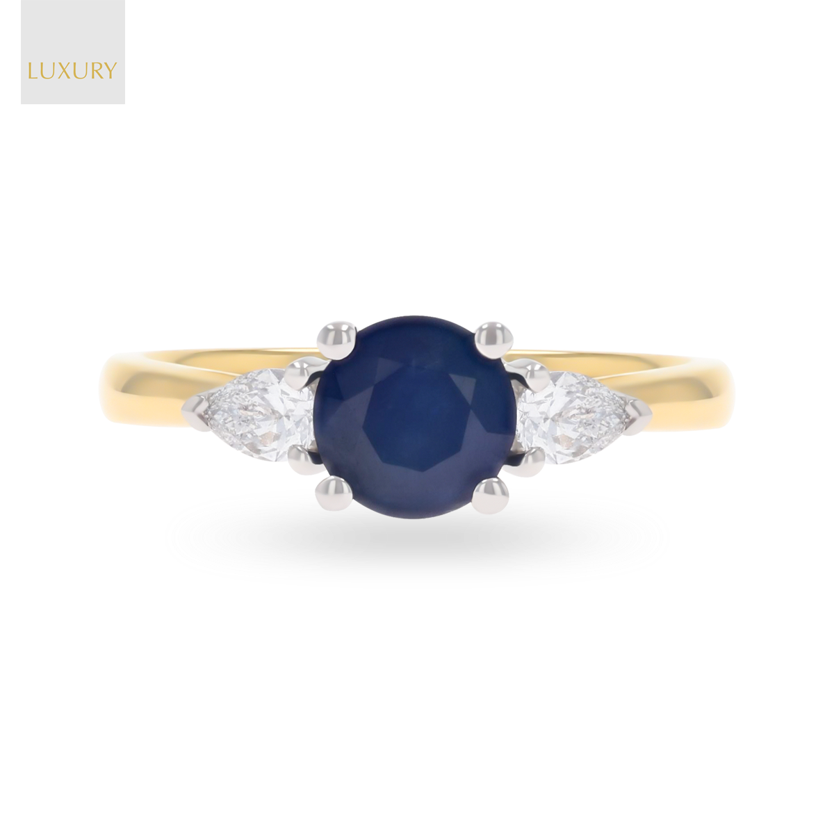 18ct Yellow Gold Round Shaped Blue Sapphire & Diamond Trilogy Ring