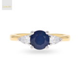 18ct Yellow Gold Round Shaped Blue Sapphire & Diamond Trilogy Ring