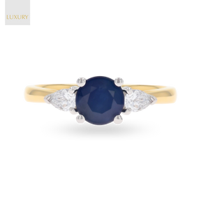 18ct Yellow Gold Round Shaped Blue Sapphire & Diamond Trilogy Ring