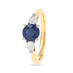 18ct Yellow Gold Round Shaped Blue Sapphire & Diamond Trilogy Ring