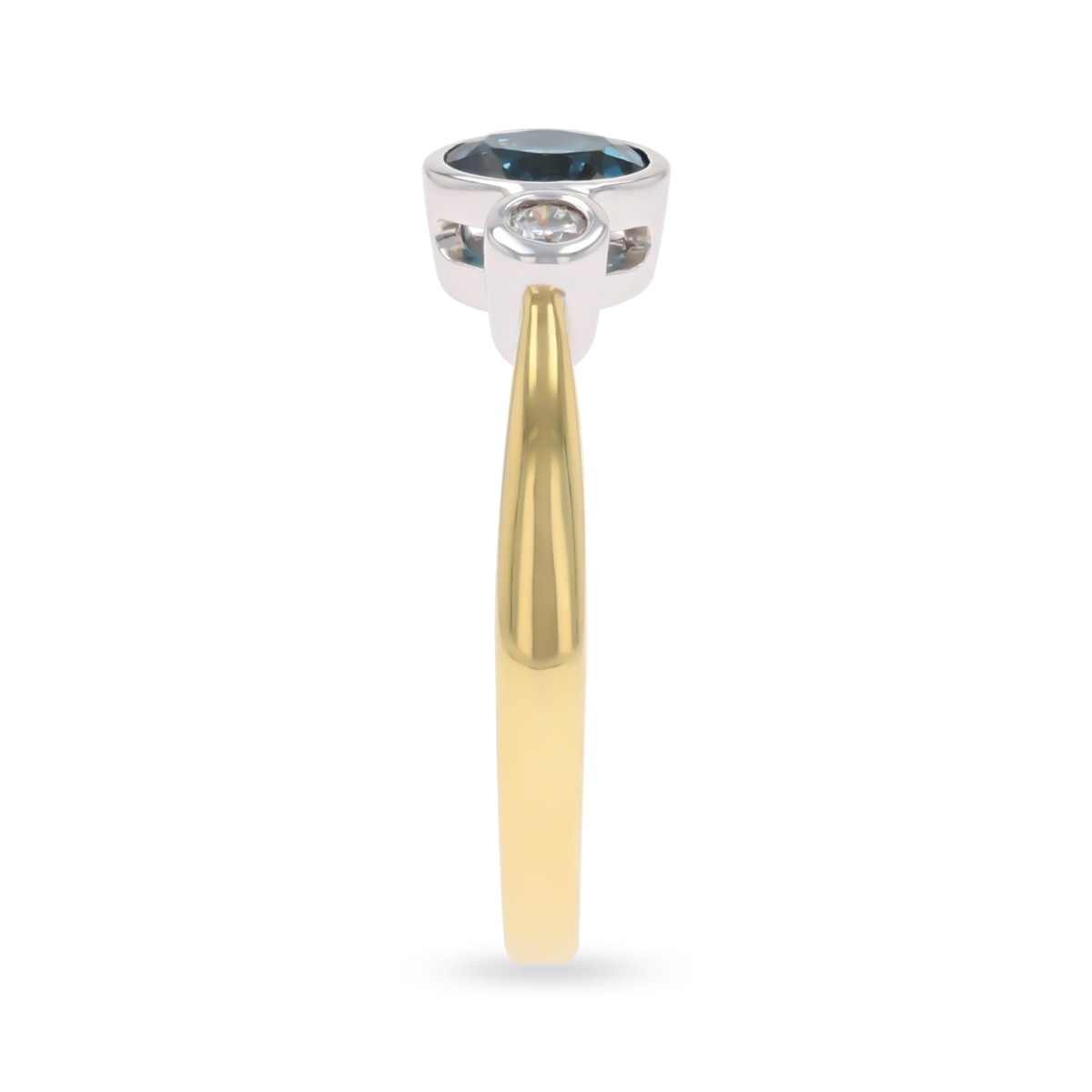 18ct Yellow Gold Blue Topaz & Diamond Bezel Set Trilogy Ring