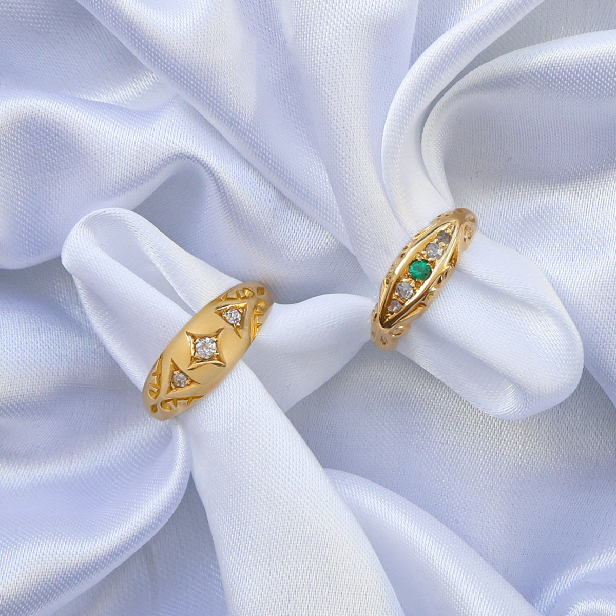 18ct Yellow Gold Old Mine Cut Diamond Trilogy Edwardian Ring & 18ct Yellow Gold Emerald & Diamond Five Stone Edwardian Ring