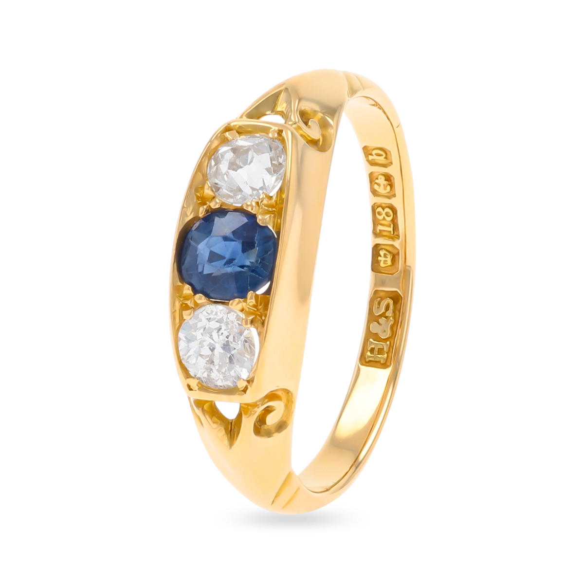 18ct Yellow Gold Sapphire & Old Cut Diamond Trilogy Edwardian Ring
