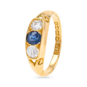 18ct Yellow Gold Sapphire & Old Cut Diamond Trilogy Edwardian Ring