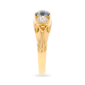 18ct Yellow Gold Sapphire & Old Cut Diamond Trilogy Edwardian Ring