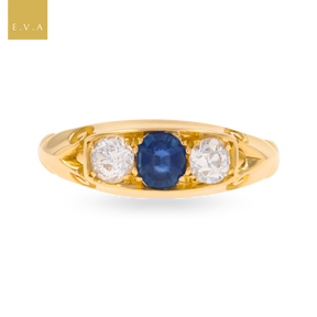 18ct Yellow Gold Sapphire & Old Cut Diamond Trilogy Edwardian Ring