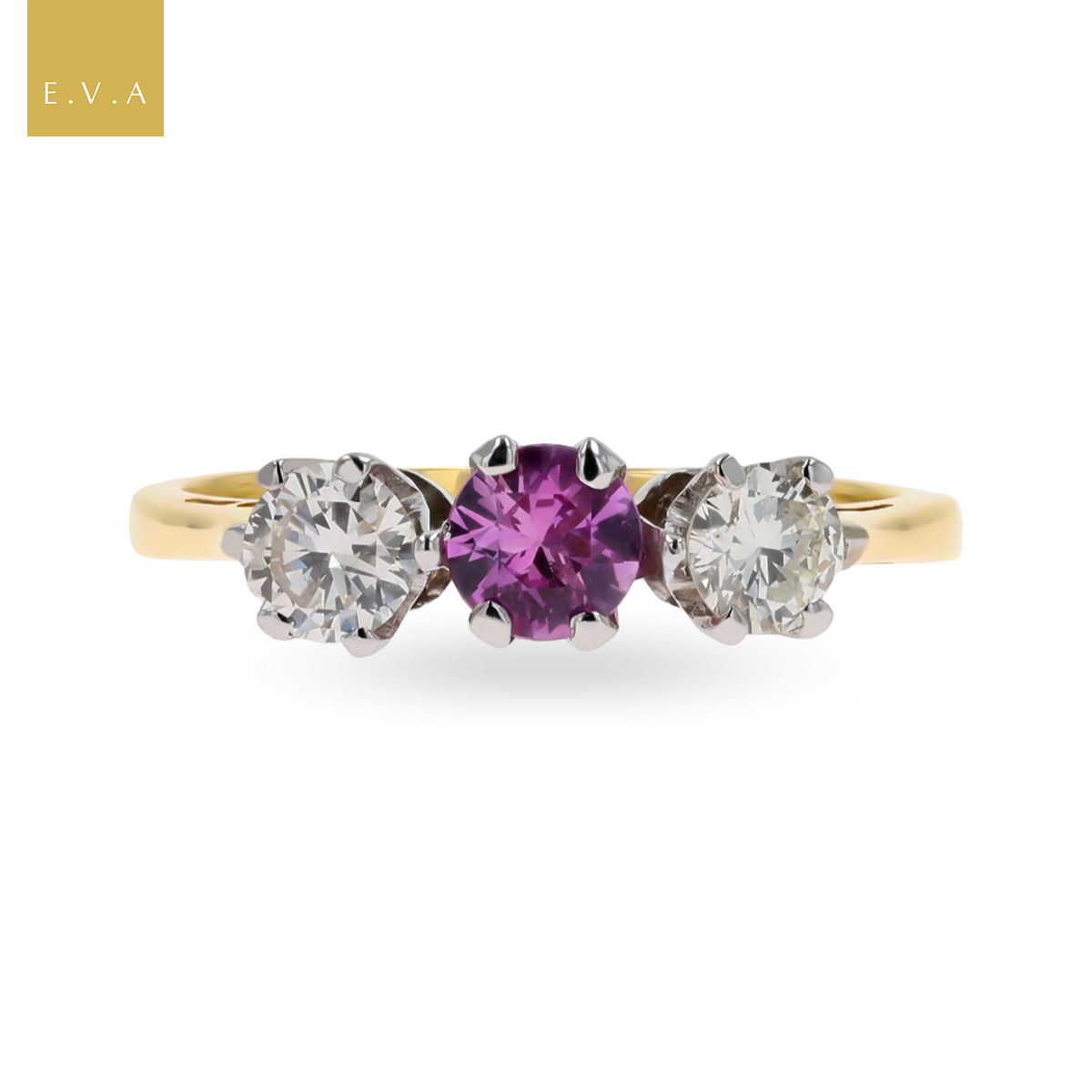 18ct Yellow Gold Pink Sapphire & Diamond Trilogy Ring