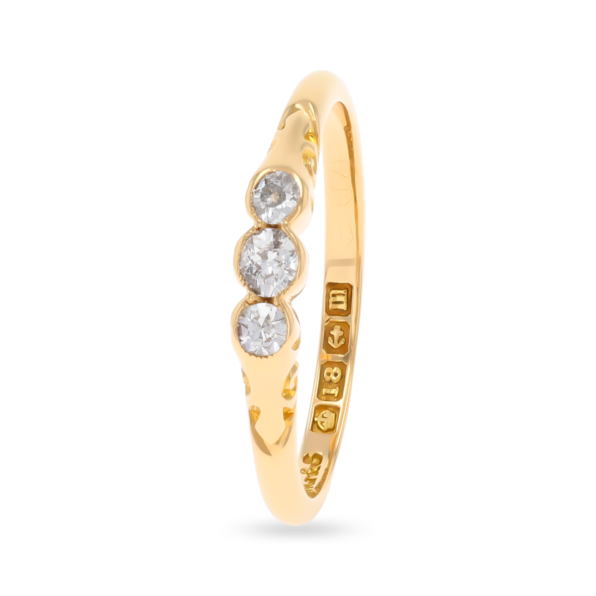 18ct Yellow Gold Old Mine Cut Diamond Bezel Set Trilogy Edwardian Ring