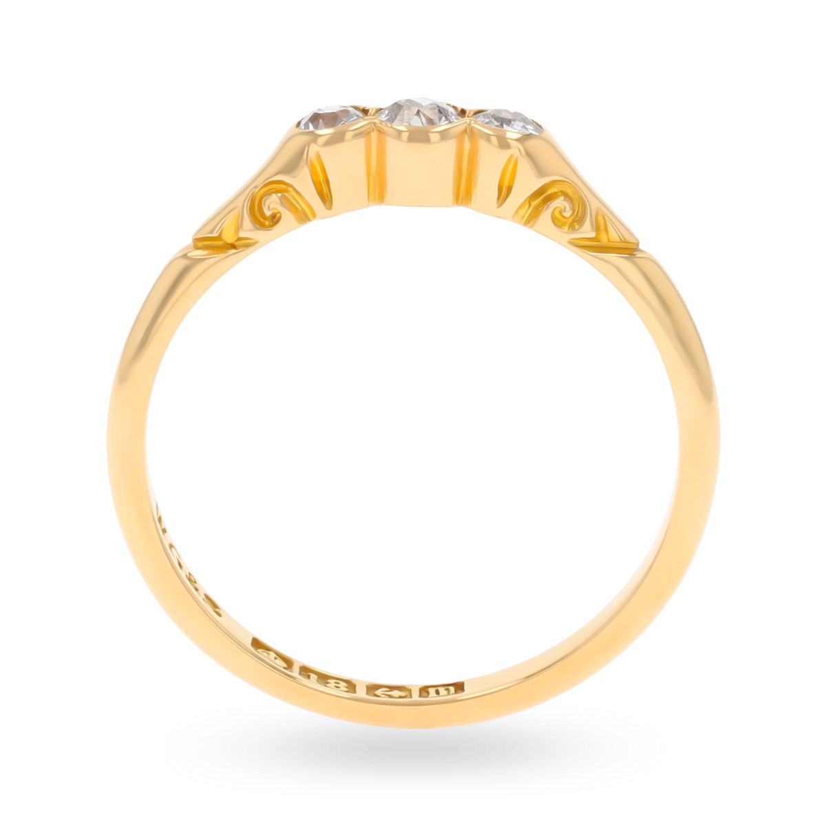 18ct Yellow Gold Old Mine Cut Diamond Bezel Set Trilogy Edwardian Ring