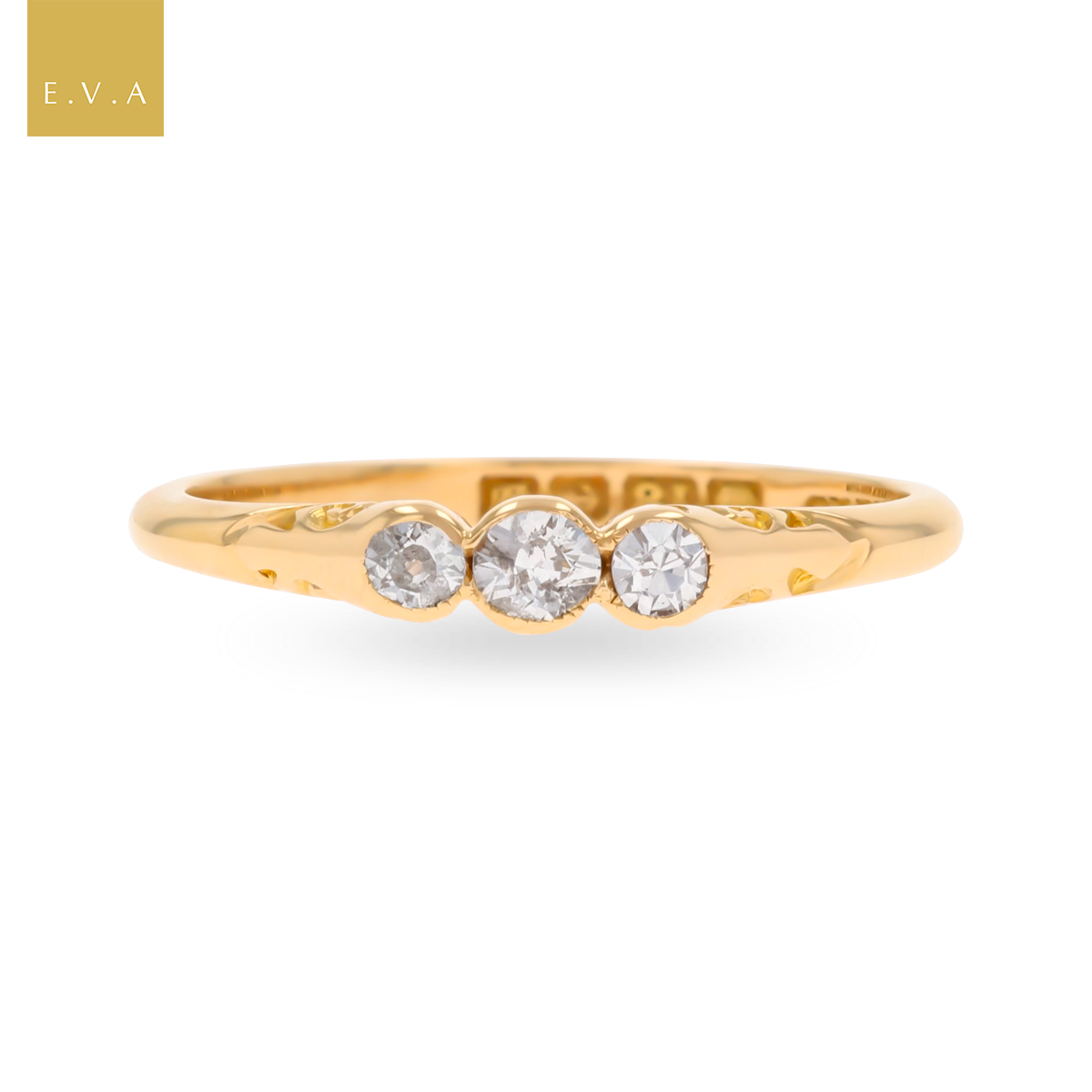 18ct Yellow Gold Old Mine Cut Diamond Bezel Set Trilogy Edwardian Ring
