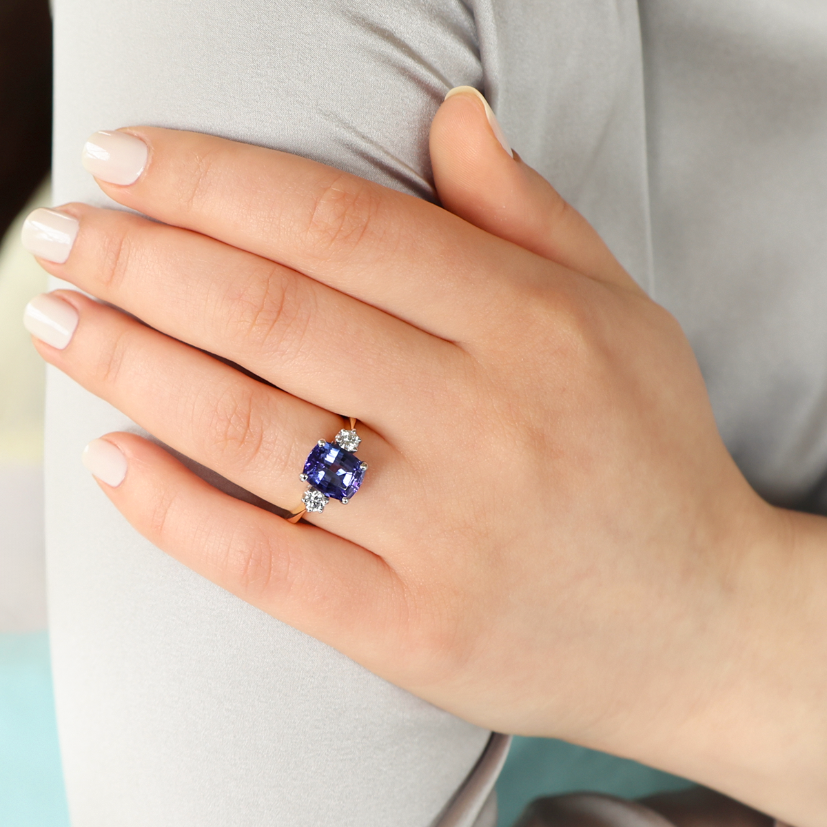 18ct Yellow Gold Cushion Shaped Tanzanite & Diamond Trilogy Ring