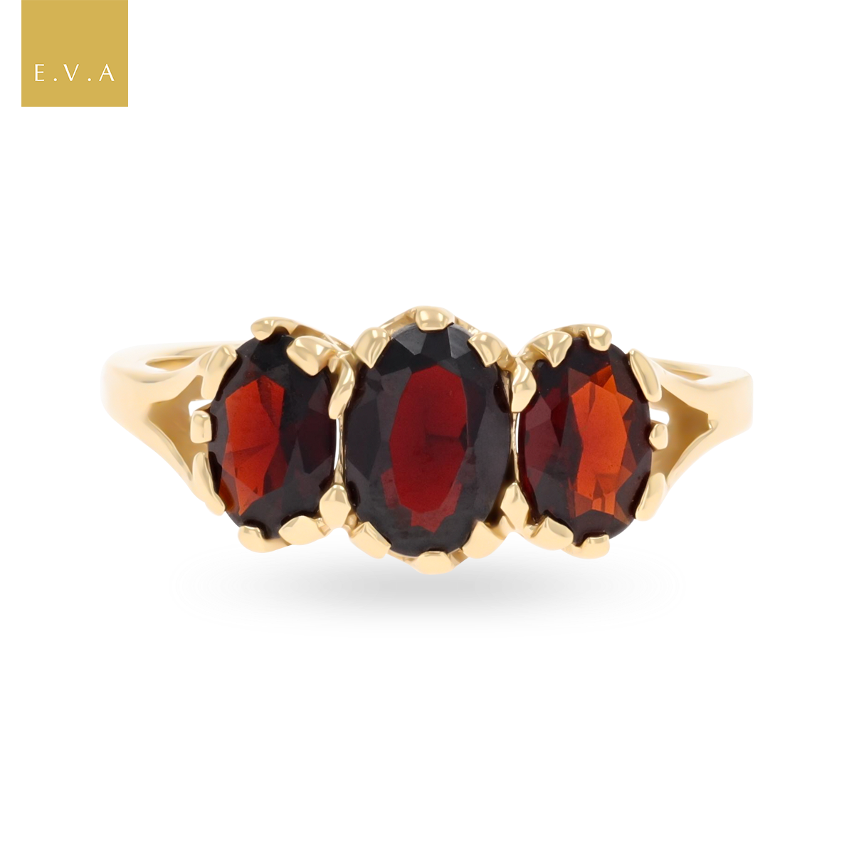 9ct Yellow Gold Oval Shaped Garnet Trilogy Ring