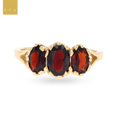 9ct Yellow Gold Oval Shaped Garnet Trilogy Ring