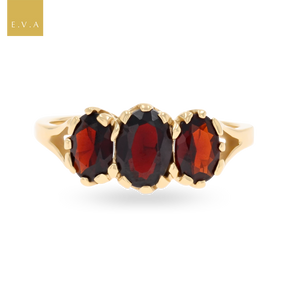 9ct Yellow Gold Oval Shaped Garnet Trilogy Ring