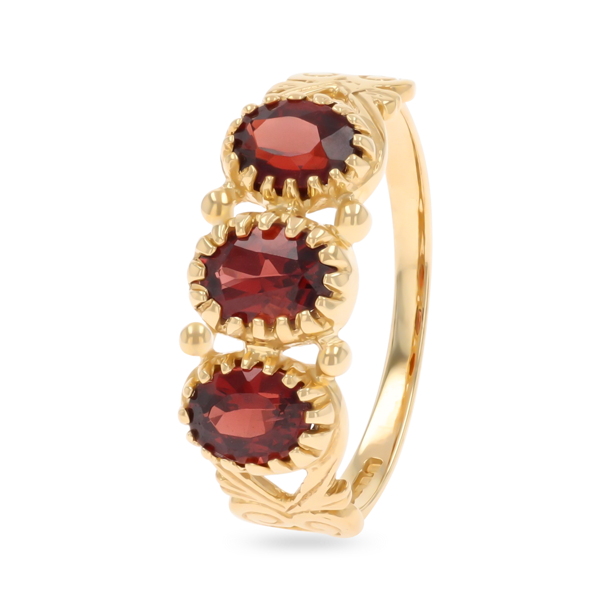 9ct Yellow Gold Oval Shaped Garnet Trilogy Hearts Ring