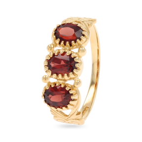 9ct Yellow Gold Oval Shaped Garnet Trilogy Hearts Ring