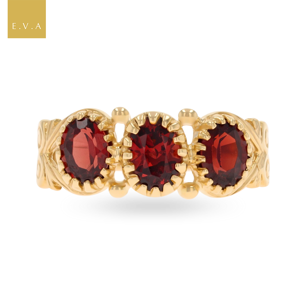 9ct Yellow Gold Oval Shaped Garnet Trilogy Hearts Ring
