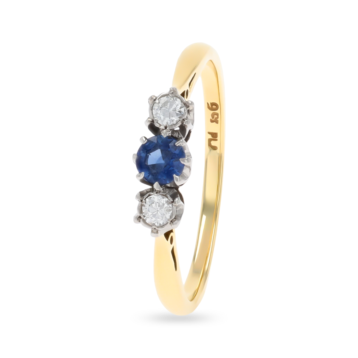 Un-hallmarked 9ct Yellow Gold & Platinum Sapphire & Diamond Trilogy Ring
