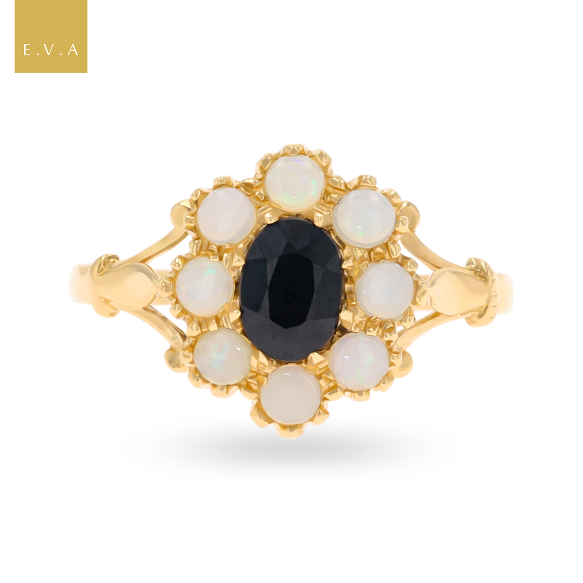 14ct Yellow Gold Oval Shaped Sapphire & Opal Cluster Ring