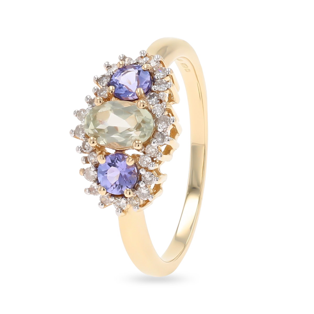 14ct Yellow Gold Diaspore, Tanzanite & Diamond Cluster Ring