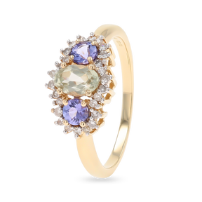 14ct Yellow Gold Diaspore, Tanzanite & Diamond Cluster Ring