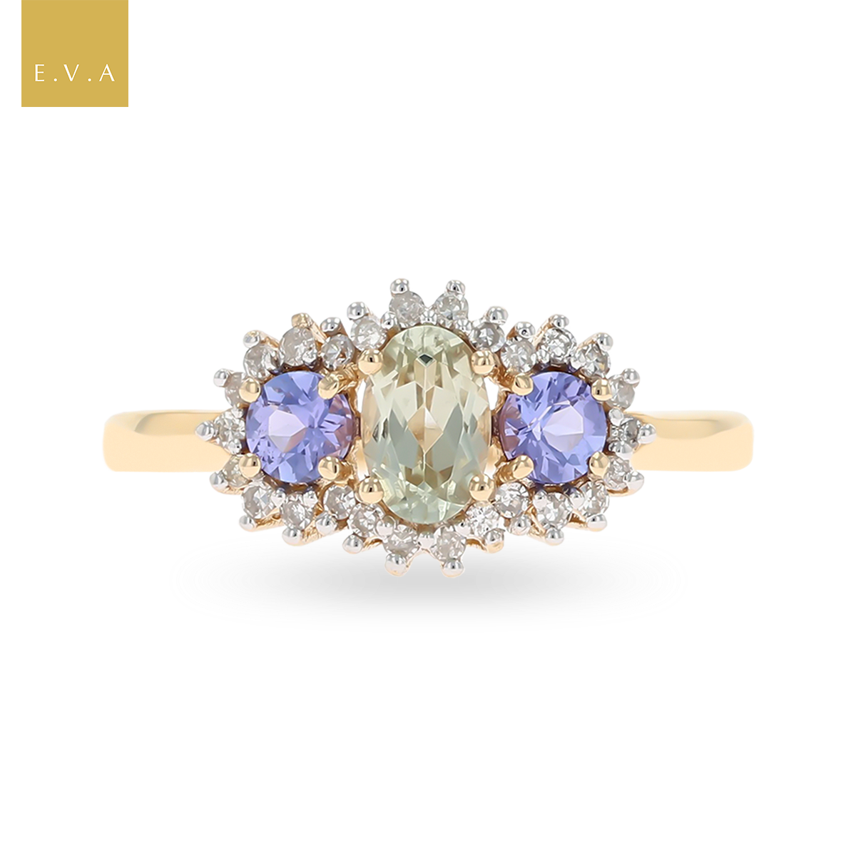 14ct Yellow Gold Diaspore, Tanzanite & Diamond Cluster Ring