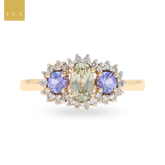 14ct Yellow Gold Diaspore, Tanzanite & Diamond Cluster Ring
