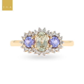 14ct Yellow Gold Diaspore, Tanzanite & Diamond Cluster Ring