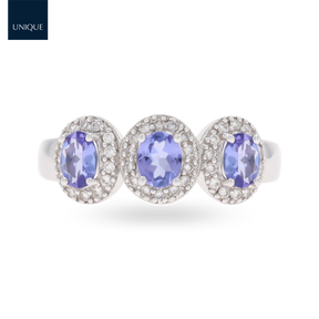 18ct White Gold Tanzanite & Diamond Triple Cluster Ring