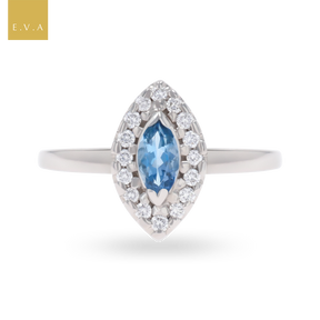 18ct White Gold Marquise Shaped Aquamarine & Diamond Cluster Ring