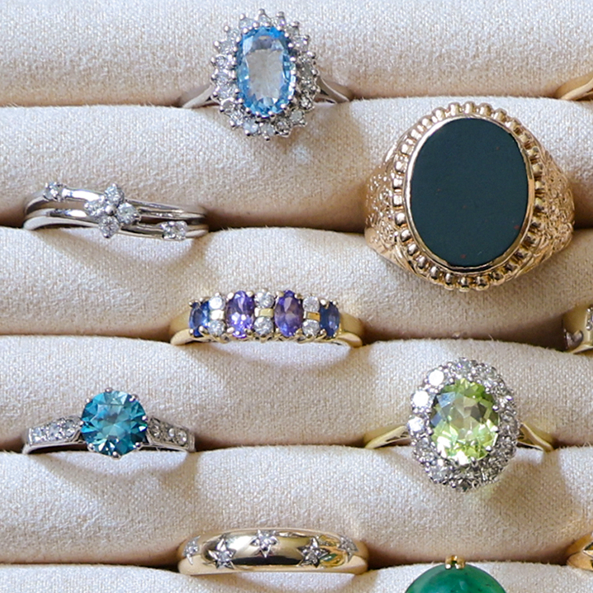 A selection of gemstone rings.