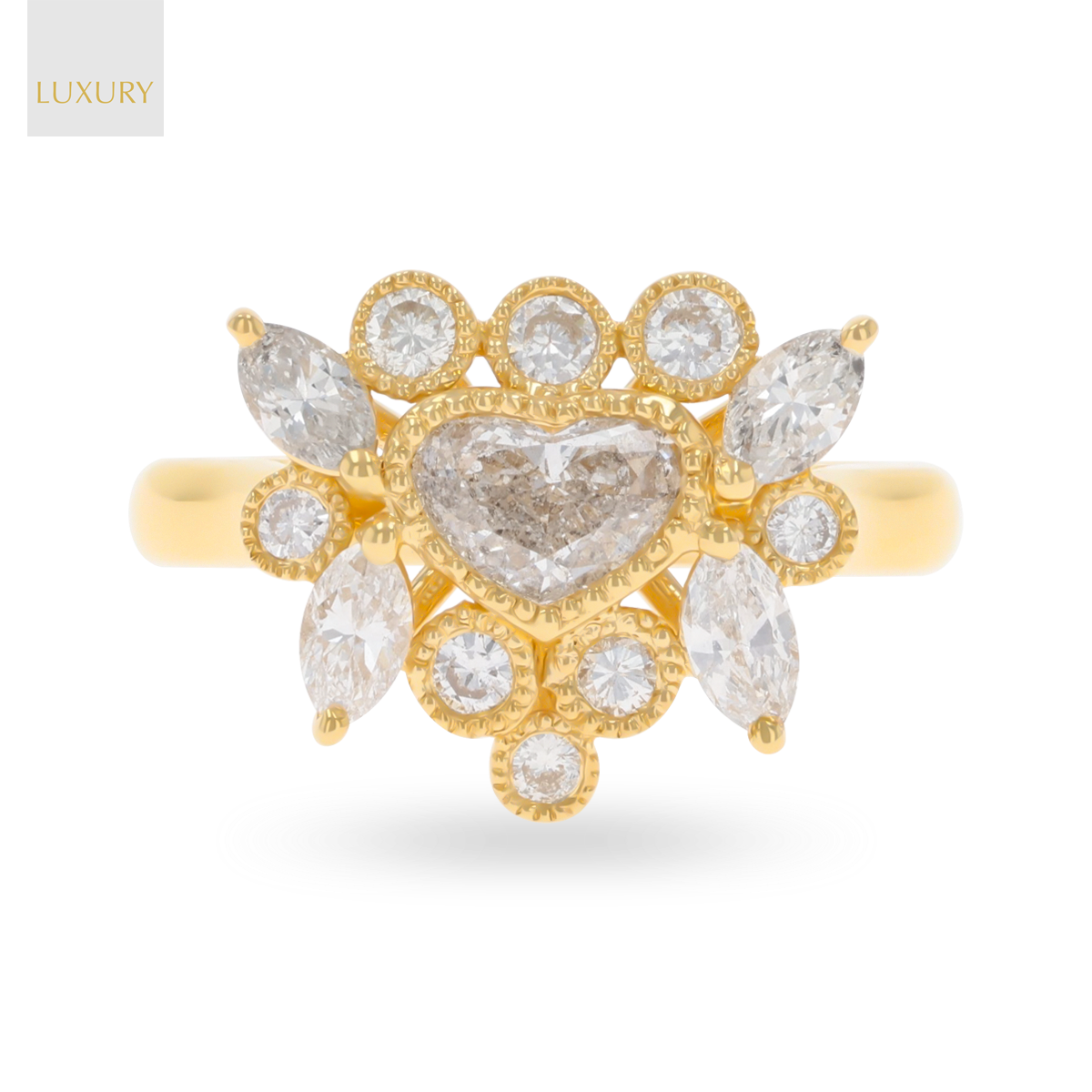 18ct Yellow Gold Heart, Marquise & Round Cut Diamond Cluster 1.24ctw Ring