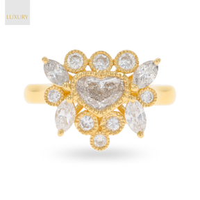 18ct Yellow Gold Heart, Marquise & Round Cut Diamond Cluster 1.24ctw Ring