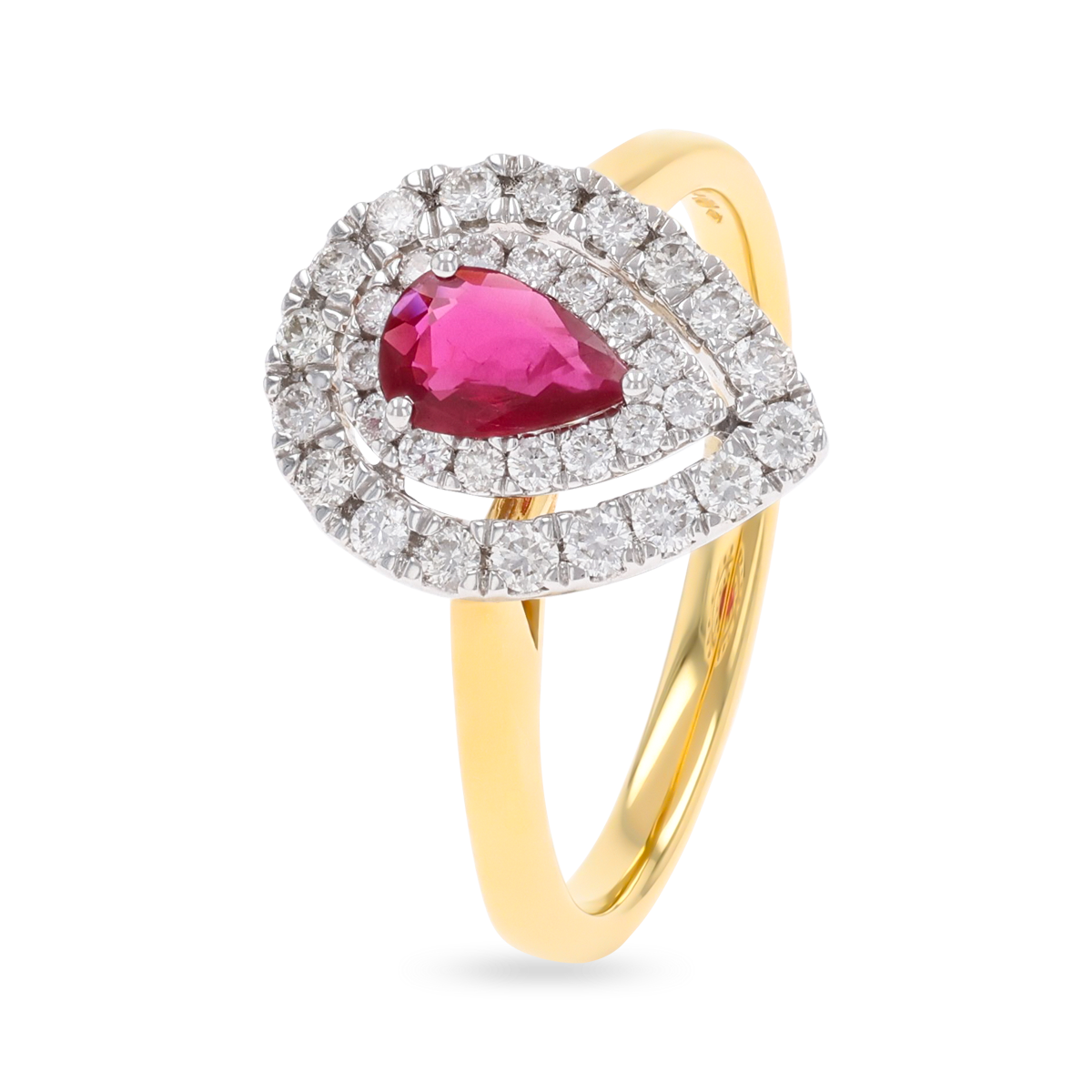 18ct Yellow Gold Pear Shape Ruby & Diamond Double Halo Ring