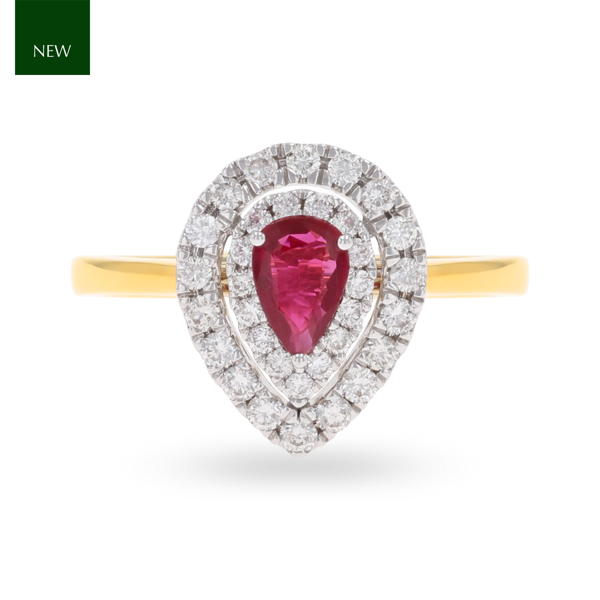 18ct Yellow Gold Pear Shape Ruby & Diamond Double Halo Ring