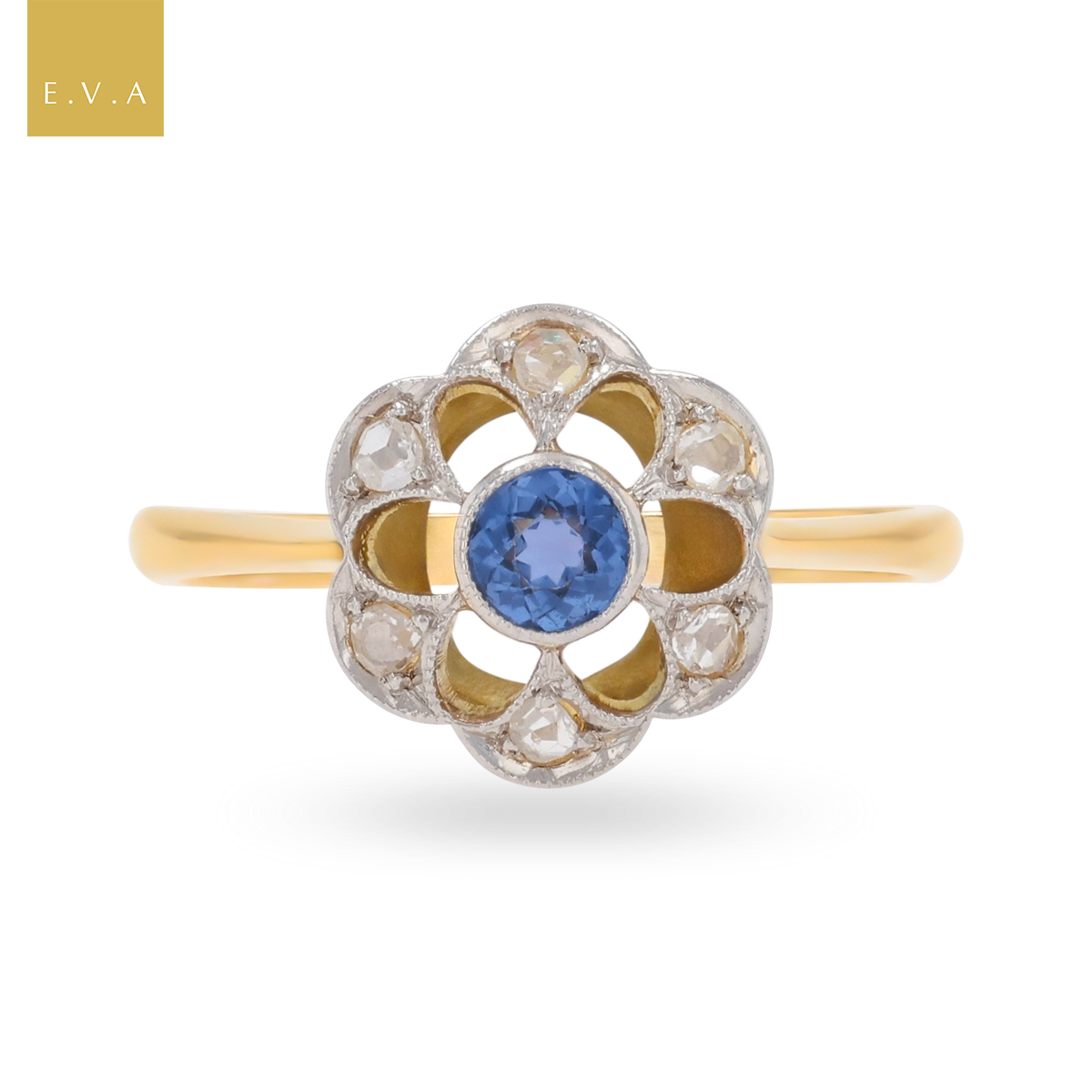 18ct Yellow & White Gold Sapphire & Diamond Flower Cluster Edwardian Ring