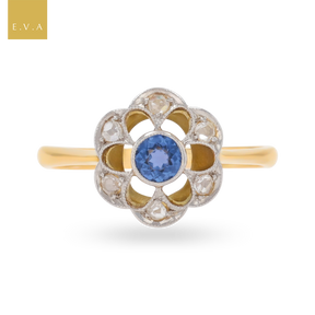 18ct Yellow & White Gold Sapphire & Diamond Flower Cluster Edwardian Ring