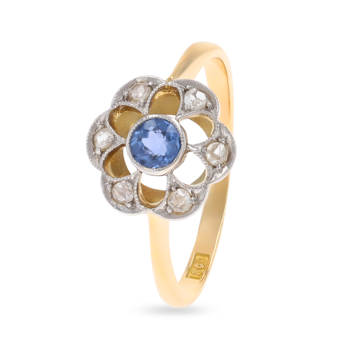 18ct Yellow & White Gold Sapphire & Diamond Flower Cluster Edwardian Ring