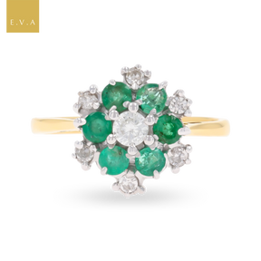18ct Yellow Gold Emerald & Diamond Snowflake Cluster Ring