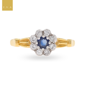 18ct Yellow Gold Sapphire & Diamond Flower Cluster Ring