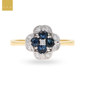 18ct Yellow Gold Sapphire & Diamond Quatrefoil Cluster Ring