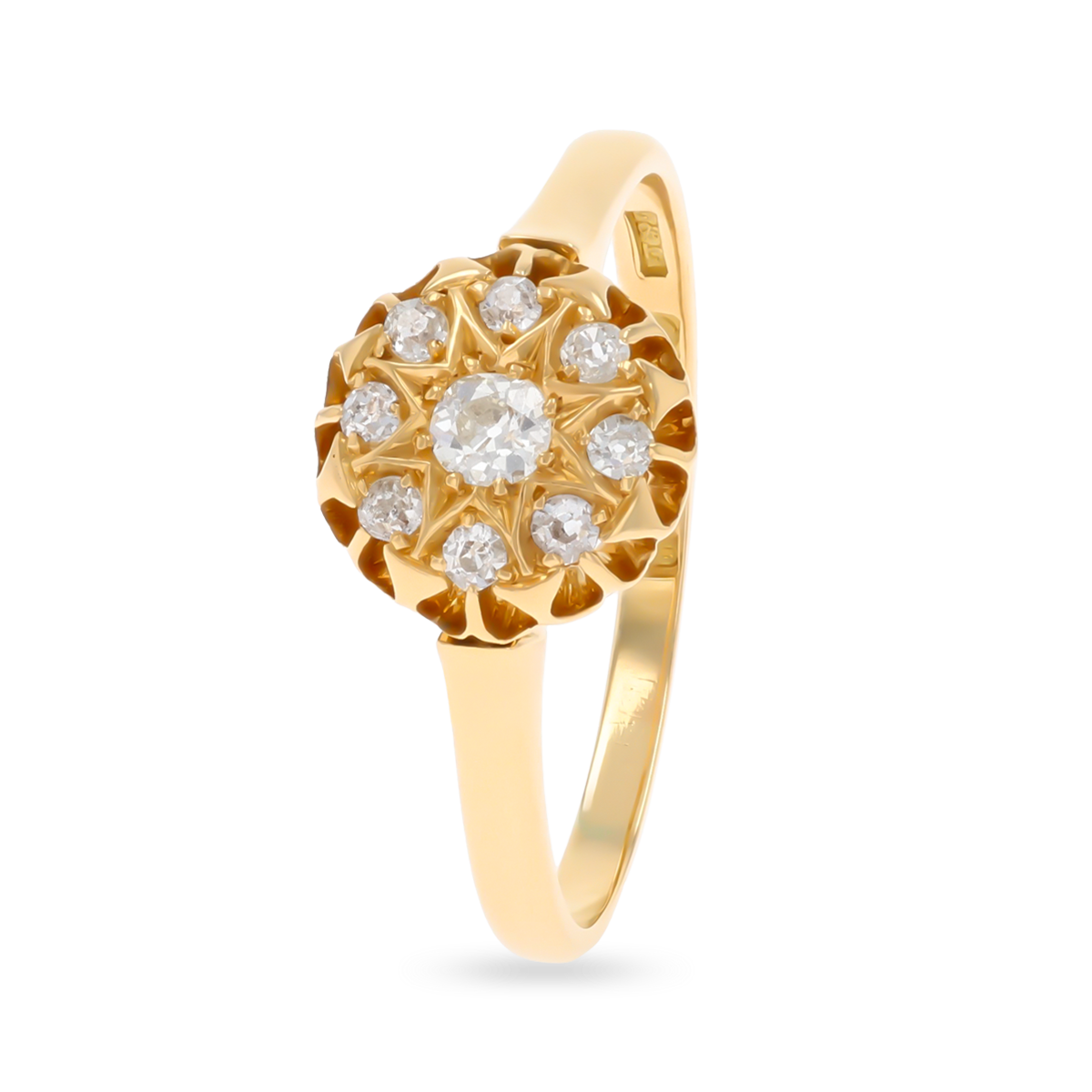 18ct Yellow Gold Old Cut Diamond Starburst Cluster Edwardian Ring